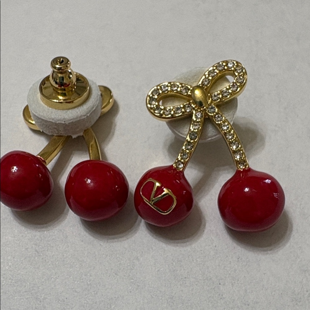 Valentino Gold Bow Earrings with Red Cherry Drops